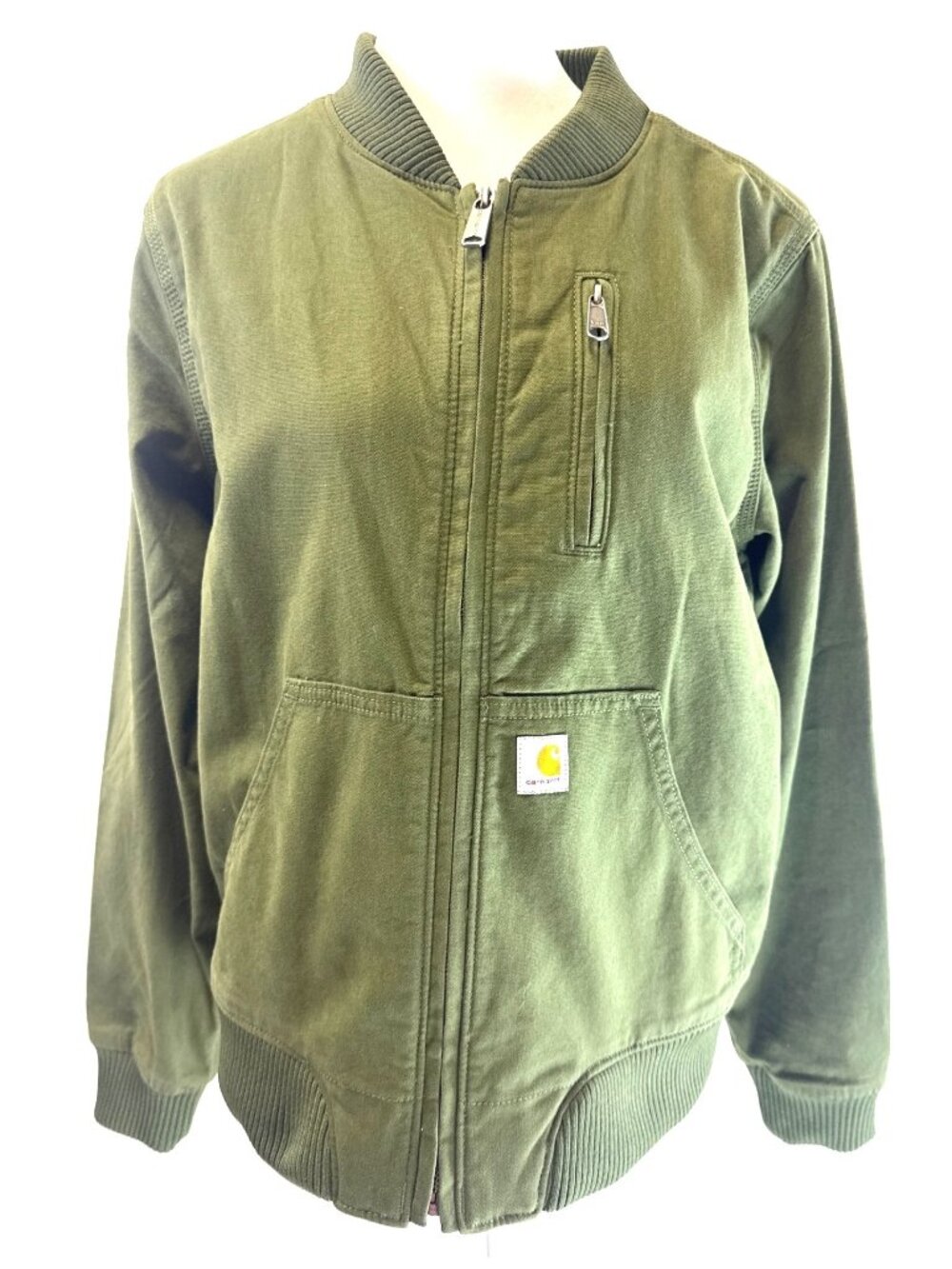 Carhartt Womens Olive Green Canvas Bomber Jacket Ribbed Collar/Cuffs Full-Zip Me
